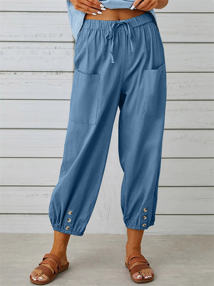 New Loose Type Comfortable Casual Mid-waist Button Cotton Linen Pants Nine-quarter Pants Wide Leg Women's Pants S,M,L,XL,XXL,3XL,4XL,5XL