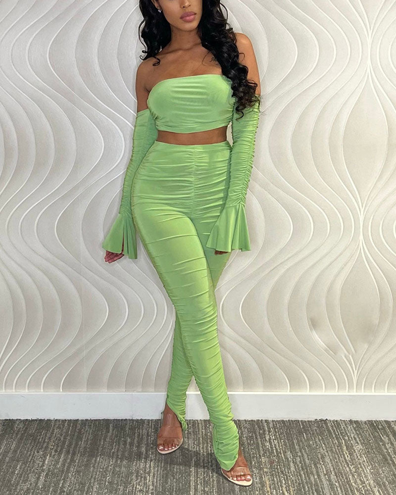 Ruched Split Hem Off Shoulder Crop Top & Pants Set