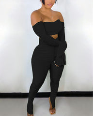 Ruched Split Hem Off Shoulder Crop Top & Pants Set