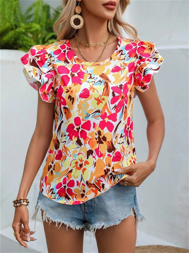 Women's Summer New Fashion Floral Print Double Fly Short-sleeved Shirt Top S M L XL 2XL