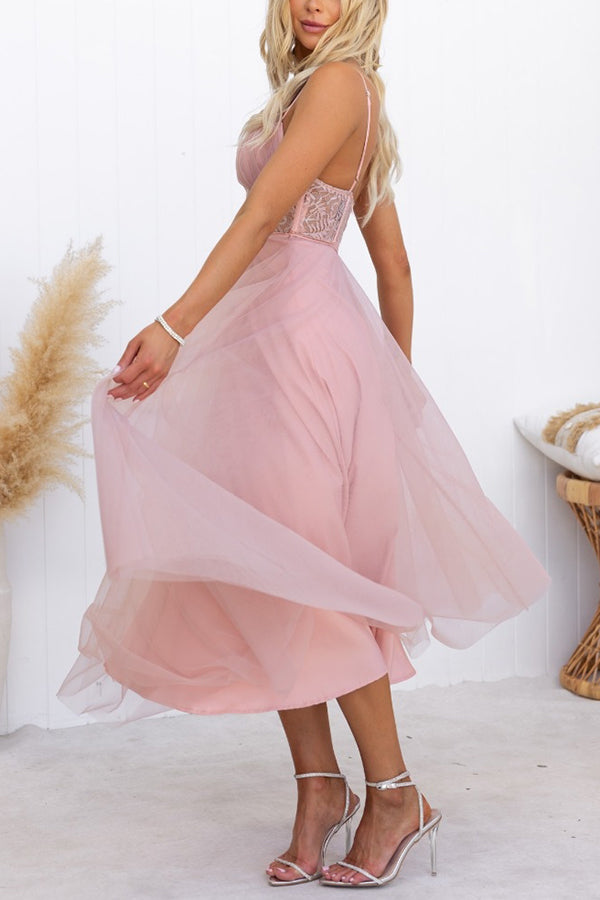 Carrie In Paris Tulle Lace Suspenders Party Maxi Dress