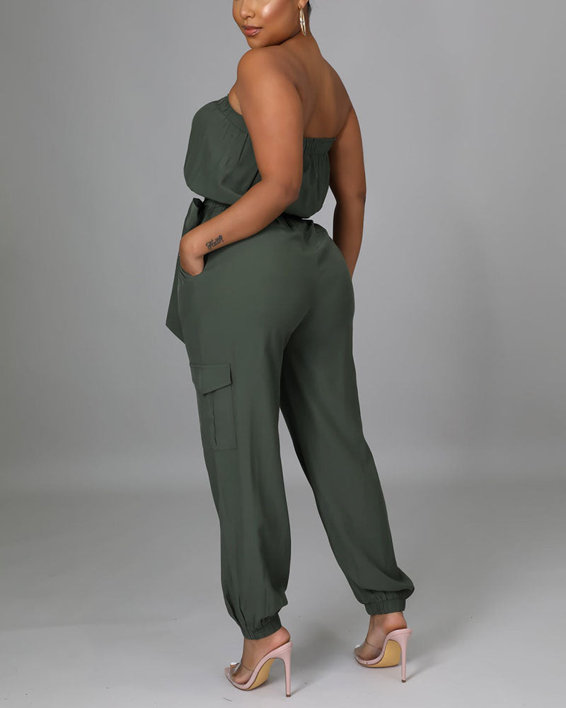 Solid Belted Flap Pocket Frill Trim Strapless Jumpsuit
