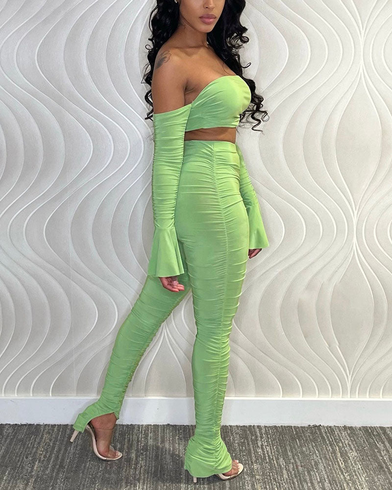 Ruched Split Hem Off Shoulder Crop Top & Pants Set