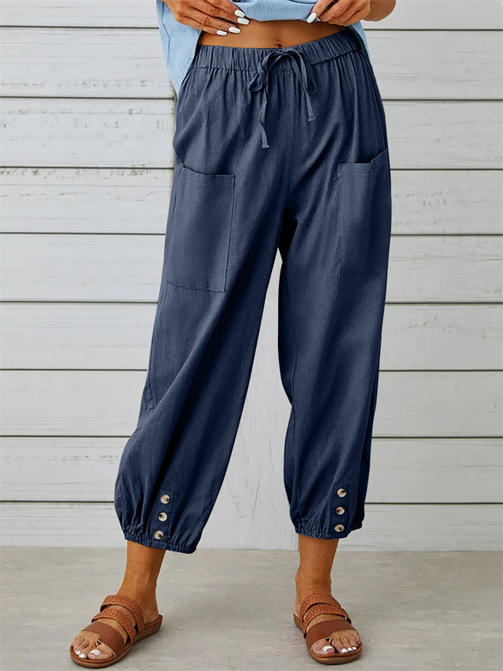 New Loose Type Comfortable Casual Mid-waist Button Cotton Linen Pants Nine-quarter Pants Wide Leg Women's Pants S,M,L,XL,XXL,3XL,4XL,5XL