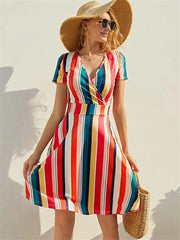 Women's Dresses Short-sleeved V-neck Print Bohemian Mid-length Dress Casual Short-sleeved Dresses