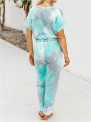 Tie-dye Printed V-neck Short-sleeved Casual Jumpsuit