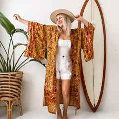 Boho Robe, Kimono Robe,  Beach Cover up, Feather Paisley in Brown
