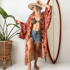 Boho Robe, Kimono Robe,  Beach Cover up, Feather Paisley in Pink