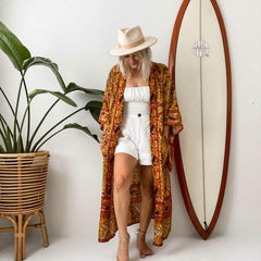 Boho Robe, Kimono Robe,  Beach Cover up, Feather Paisley in Brown