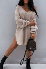 Side Slit V Neck Sweater Dress