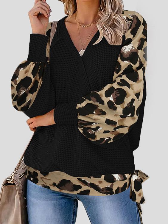 Women's T-Shirts Leopard Print Stitching Lantern Sleeve V Neck T-Shirts
