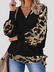 Women's T-Shirts Leopard Print Stitching Lantern Sleeve V Neck T-Shirts
