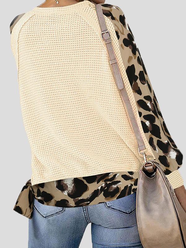 Women's T-Shirts Leopard Print Stitching Lantern Sleeve V Neck T-Shirts