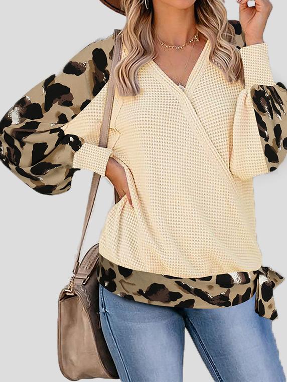 Women's T-Shirts Leopard Print Stitching Lantern Sleeve V Neck T-Shirts