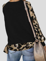 Women's T-Shirts Leopard Print Stitching Lantern Sleeve V Neck T-Shirts