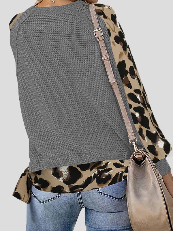Women's T-Shirts Leopard Print Stitching Lantern Sleeve V Neck T-Shirts