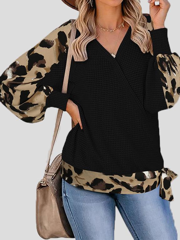 Women's T-Shirts Leopard Print Stitching Lantern Sleeve V Neck T-Shirts