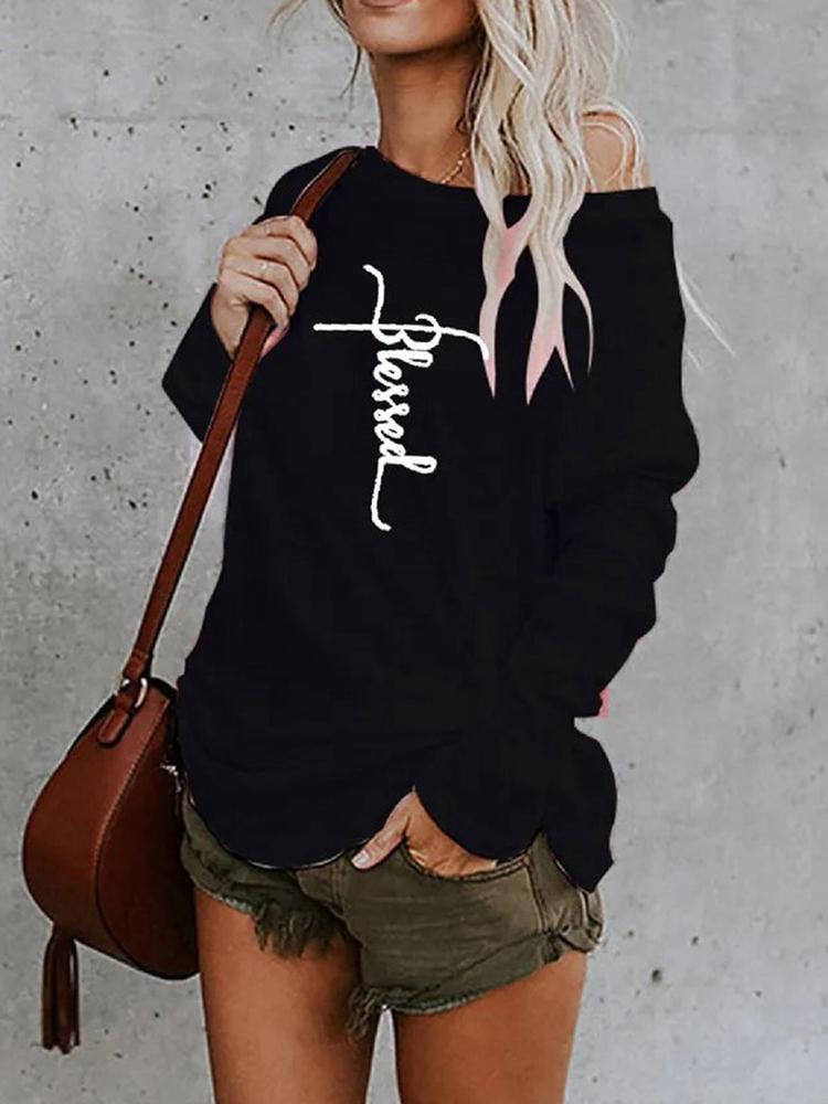 Women's T-Shirts Off The Shoulder Crew Neck Printed Loose T-Shirt