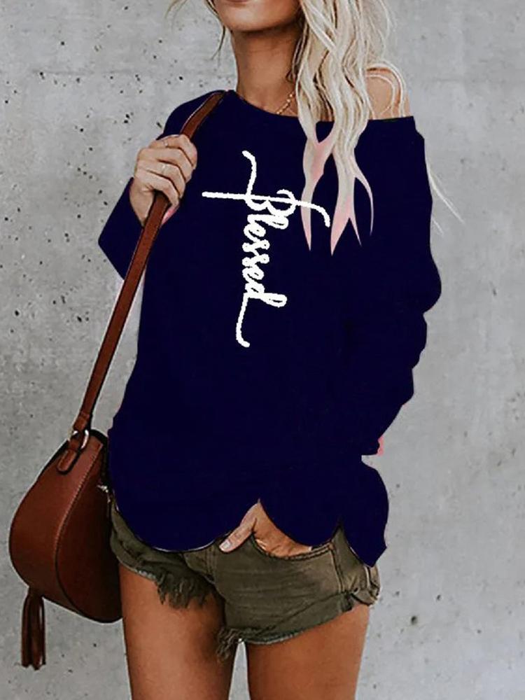 Women's T-Shirts Off The Shoulder Crew Neck Printed Loose T-Shirt