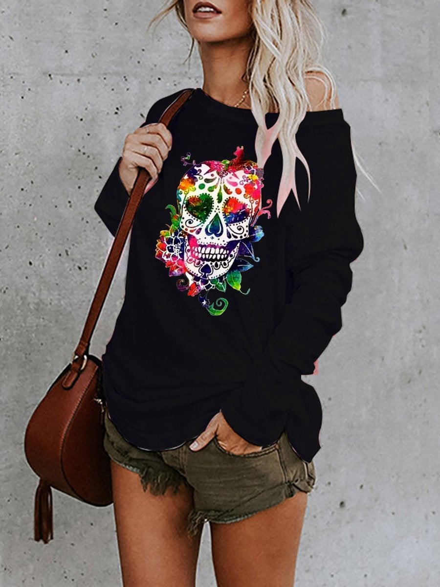 Women's T-Shirts Skull Print Long Sleeve Casual T-Shirt
