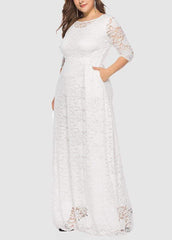 Lace Hollow Out Round Neck Solid Color Dress