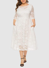 Lace Three Quarter Sleeve Round Neck Solid Color Dress
