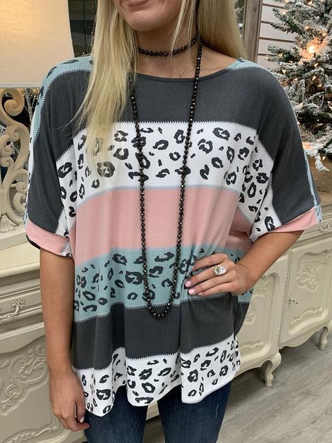 Leopard Color Block Splicing T-shirt Tops