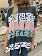 Leopard Color Block Splicing T-shirt Tops