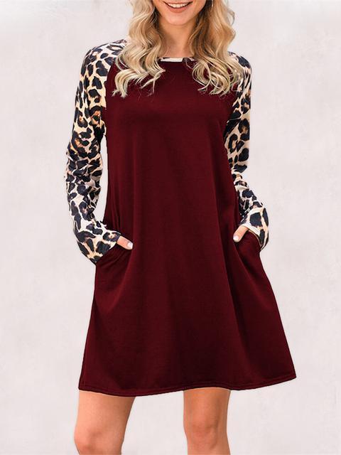 Leopard Long Sleeve Dress With Pockets