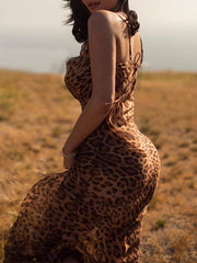 Leopard Print Backless Bodycon Maxi Dress With Straps