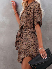 Leopard Print Belted Bat Sleeve Casual Dress