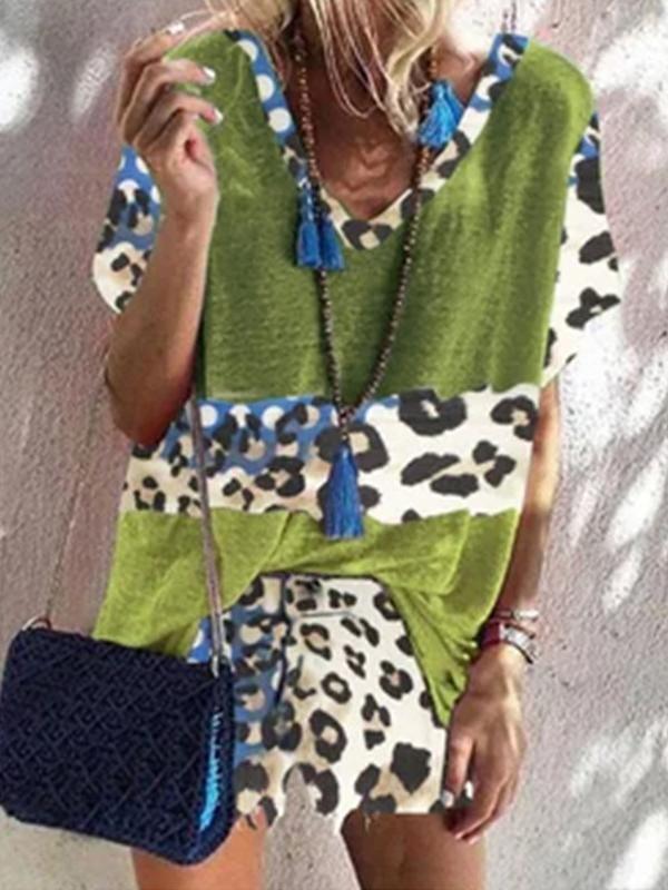 Leopard Print Color Block Sports Suit