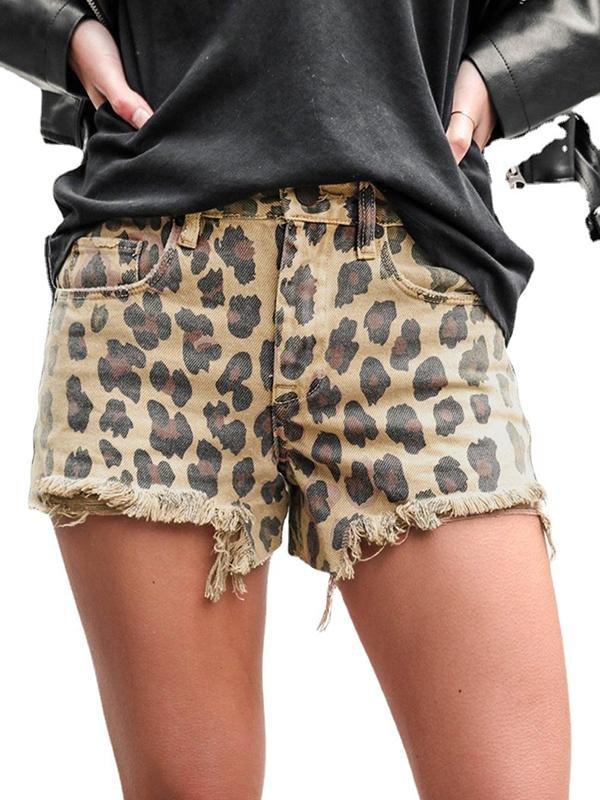 Leopard Print Fashion Frayed Casual Hot Pants Denim Shorts