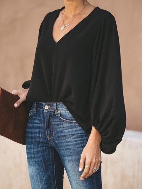 Loose Long Sleeve V Neck Tops