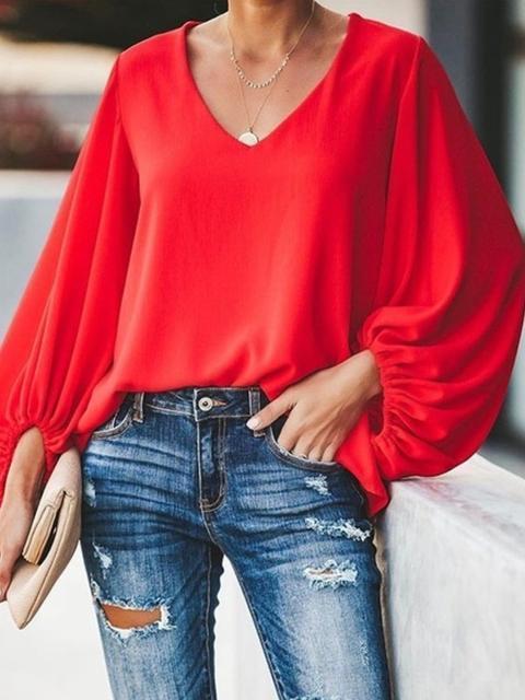Loose Long Sleeve V Neck Tops