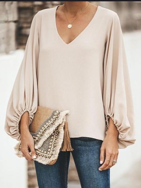 Loose Long Sleeve V Neck Tops