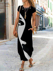 Loose Round Neck Short Sleeve Face Print Dress