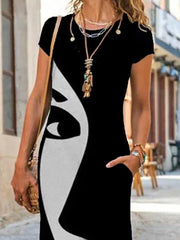 Loose Round Neck Short Sleeve Face Print Dress