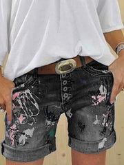 Multi-button Printed Denim Shorts