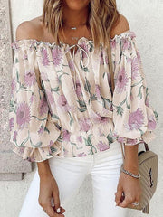 One-line Neck Floral Print Long-sleeved Chiffon Shirt