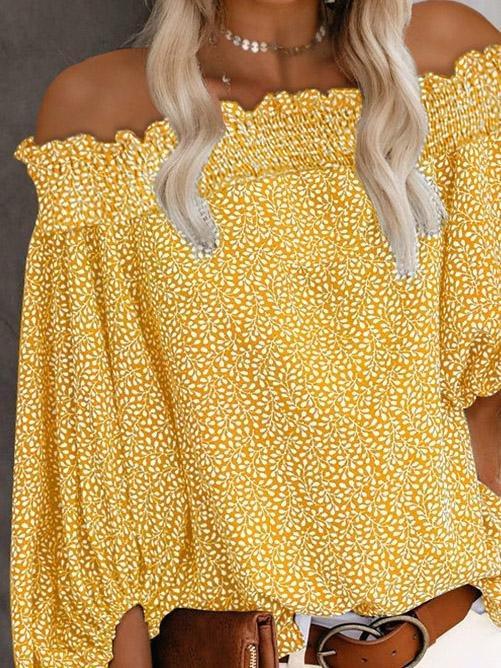 One-Shoulder Print Lantern Sleeve Blouses