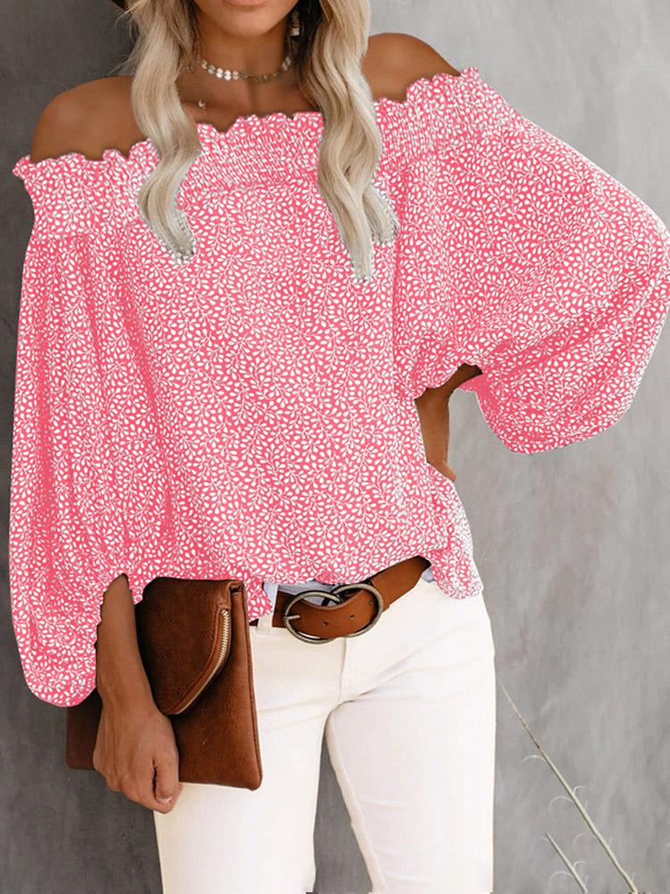 One-Shoulder Print Lantern Sleeve Blouses