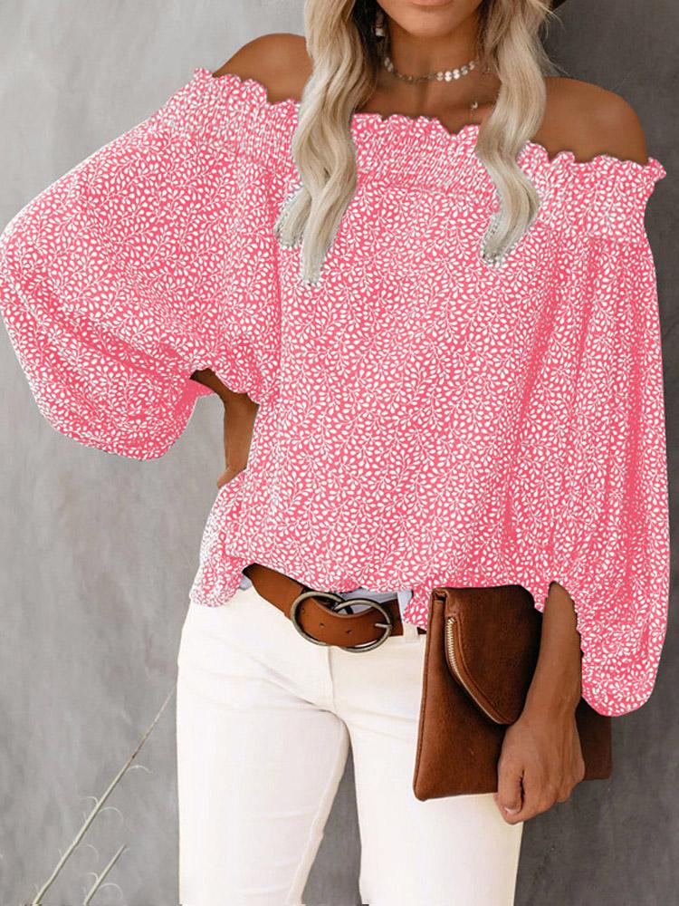 One-Shoulder Print Lantern Sleeve Blouses