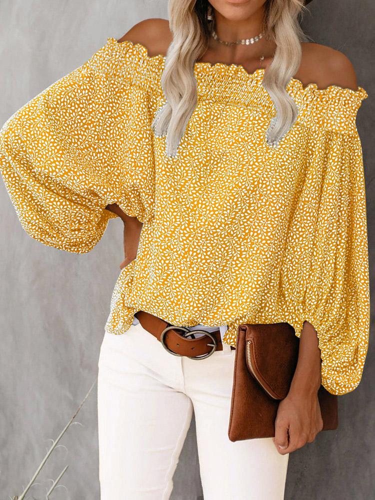 One-Shoulder Print Lantern Sleeve Blouses