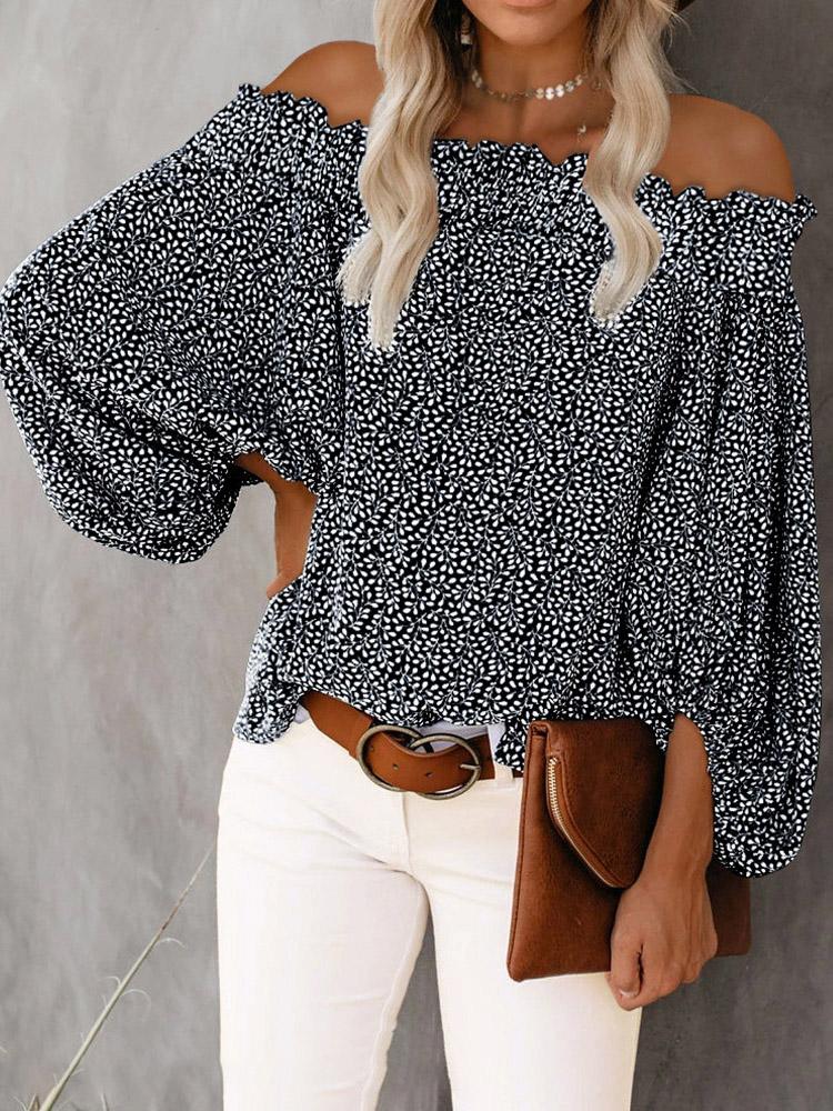 One-Shoulder Print Lantern Sleeve Blouses