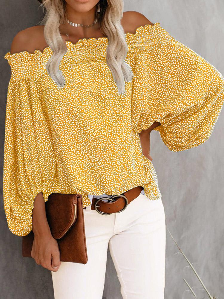 One-Shoulder Print Lantern Sleeve Blouses