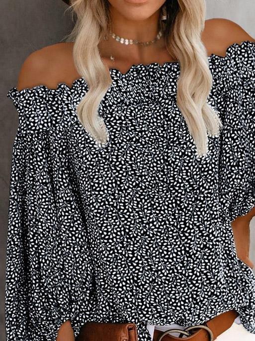 One-Shoulder Print Lantern Sleeve Blouses