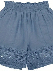 Casual Contrast Lace Trim Elastic Waist Slant Pocket Loose Shorts