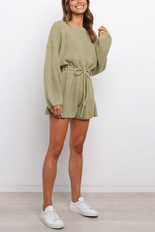 O Neck Puff Long Drawstring Sweater Romper