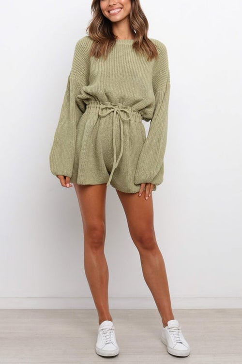 O Neck Puff Long Drawstring Sweater Romper